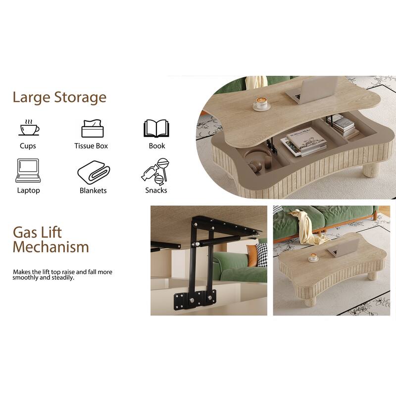 Lift Top Coffee Table 42" - Fluted Panel Hidden Storage, Silent Hydraulic Lift, Curved Safety Corners,5 Min Assembly