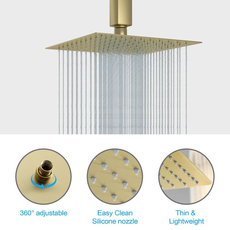 8/10/12/16 Inch Adjustable Rainfall Shower Head Wall-mounted Solid Square Ultra Thin 304 Stainless Steel