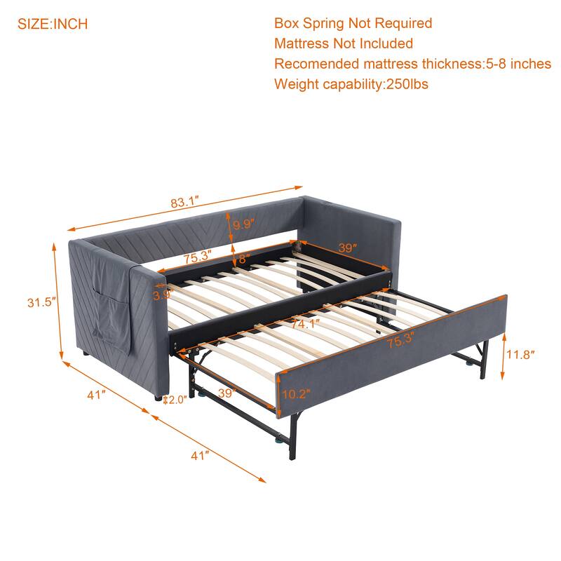 Twin Size Velvet Daybed with Trundle, USB Charging Port & Side Pockets, Modern Upholstered Sofa Bed with V-Pattern Backrest