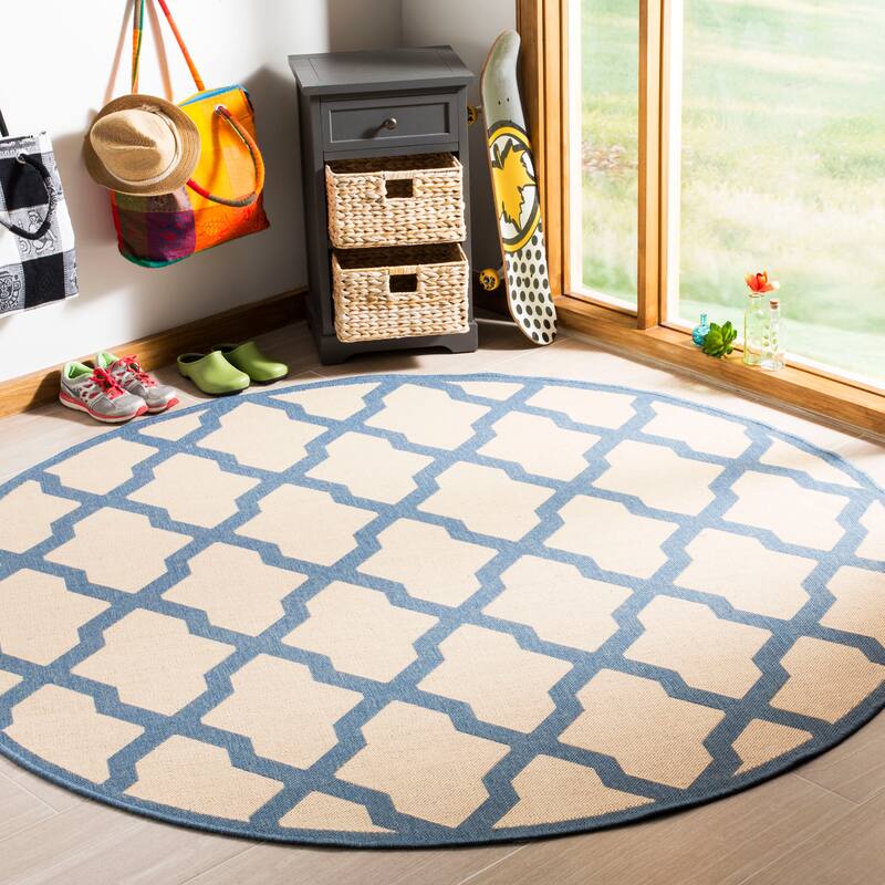 SAFAVIEH Linden Shirleyann Trellis Indoor/ Outdoor Patio Backyard Rug - 6'7" Round - Cream/Blue
