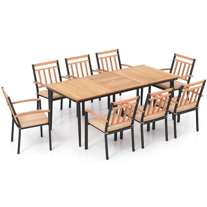 9PCS Patio Dining Set 79" Outdoor Chair &Table Set w/ Umbrella Hole - Multi