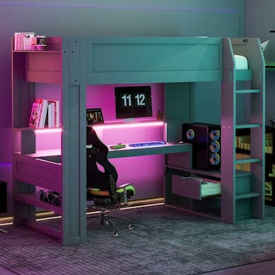 Wood Twin Size Gaming Loft Bed with Desk, Multi-storage Shelves, LED and Charging Station, Dark Gray