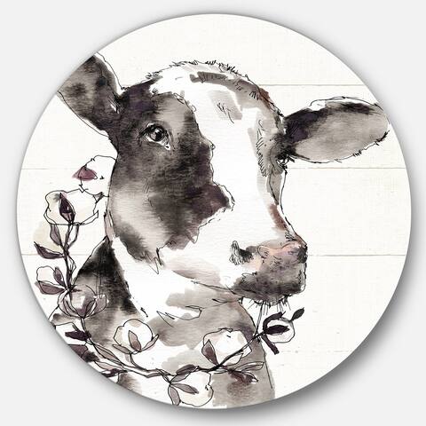Designart 'Cow Portrait Country Life' Farmhouse Metal Circle Wall Art