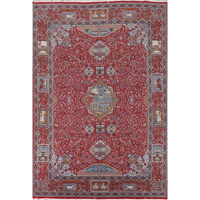Pictorial Red Floral Kashan Turkish Area Rug Machine-Made Carpet - 9'8" x 12'11"