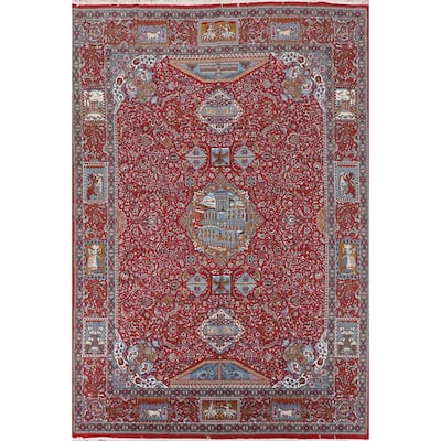 Pictorial Red Floral Kashan Turkish Area Rug Machine-Made Carpet - 9'8" x 12'11"