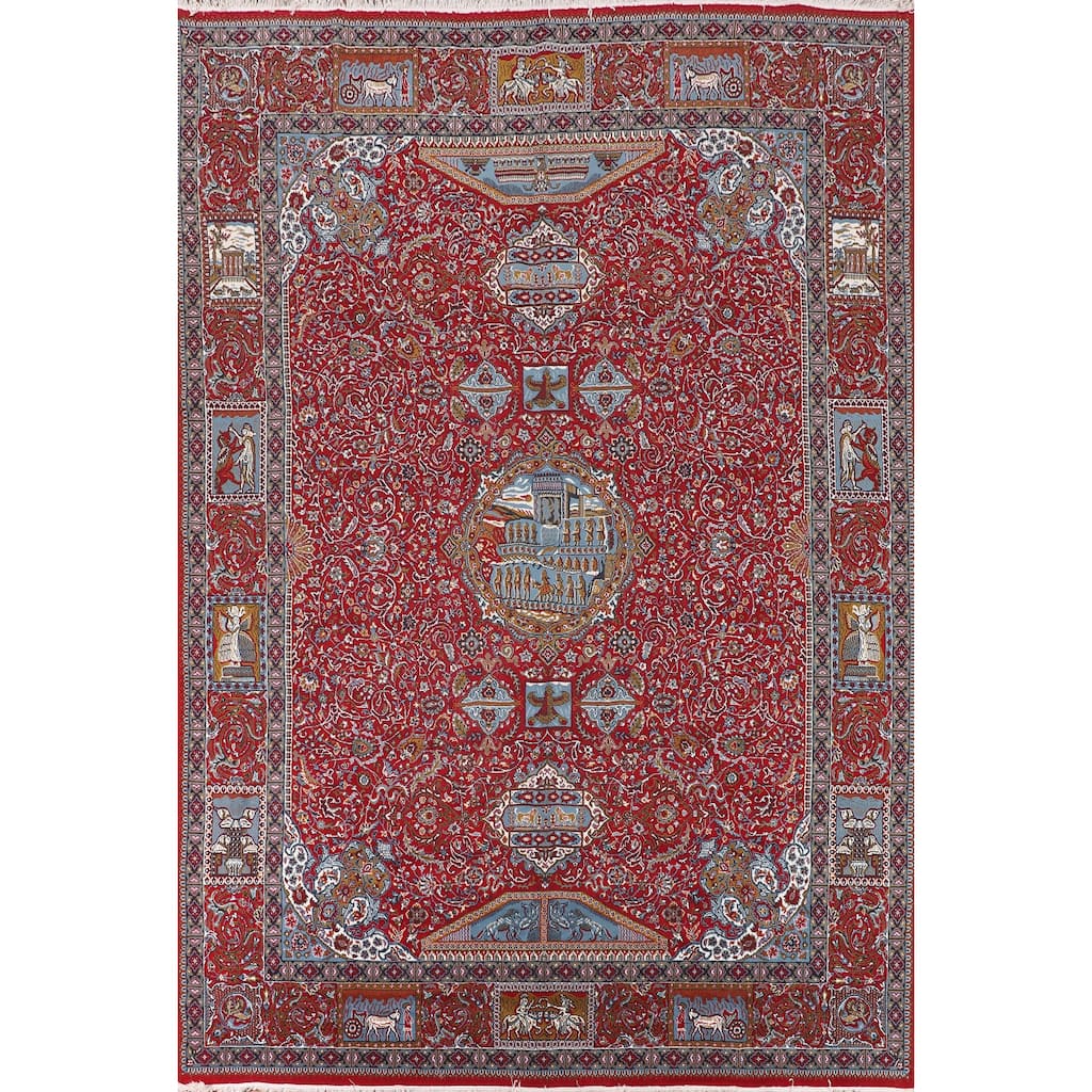 Pictorial Red Floral Kashan Turkish Area Rug Machine-Made Carpet - 9'8" x 12'11"