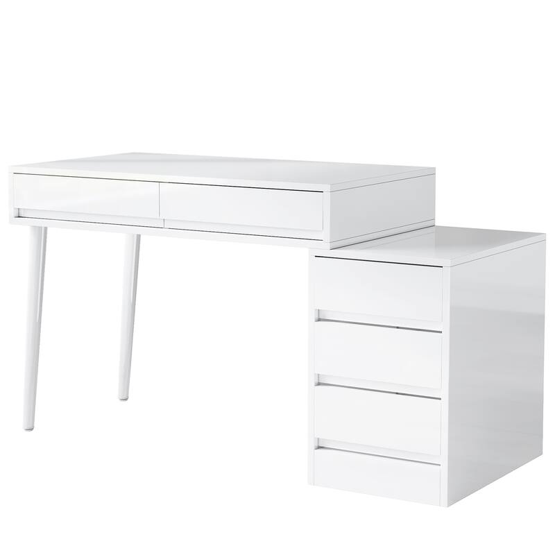 39" Modern White Desk with 5 Drawers & Printer Stand, Reversible Computer & Vanity Table