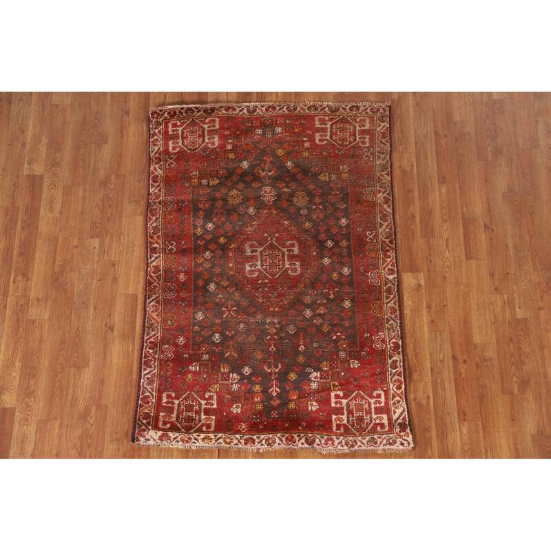 Vegetable Dye Red Shiraz Persian Antique Area Rug Handmade Wool Carpet - 3'3"x 4'11"