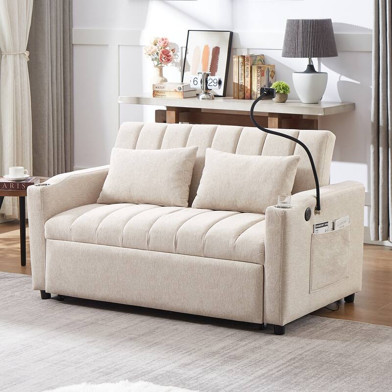 Convertible Sofa Bed with Three USB Ports, Two Side Pockets and 360°Swivel Phone Holder for Living Room