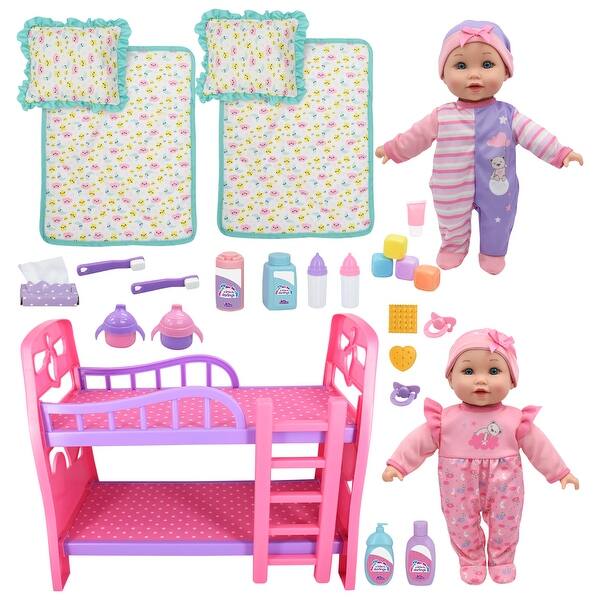 slide 2 of 5, New Adventures Little Darlings: 12" Twin Dolls Bedtime Fun Set - 29pc