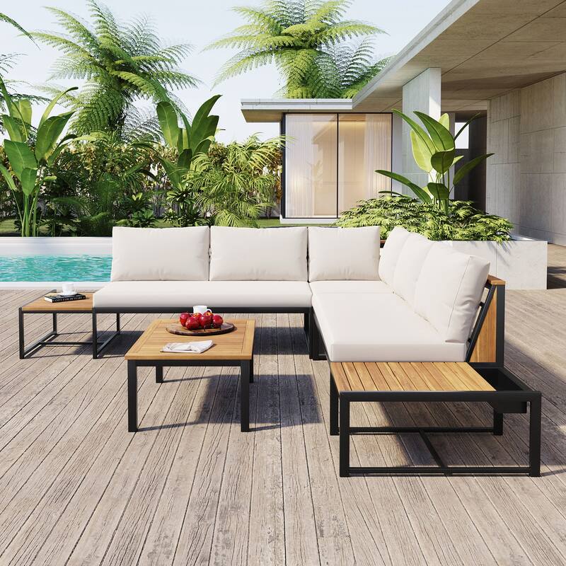 Furniture Set with Loveseats, 4 Pieces Outdoor Sofa Set with Waterproof Cushions, Patio Furniture with Durable Iron-Wood Design