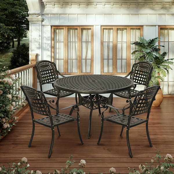 slide 2 of 15, Clihome 5 Piece Outdoor Cast Aluminum Patio Dining Set Bronze