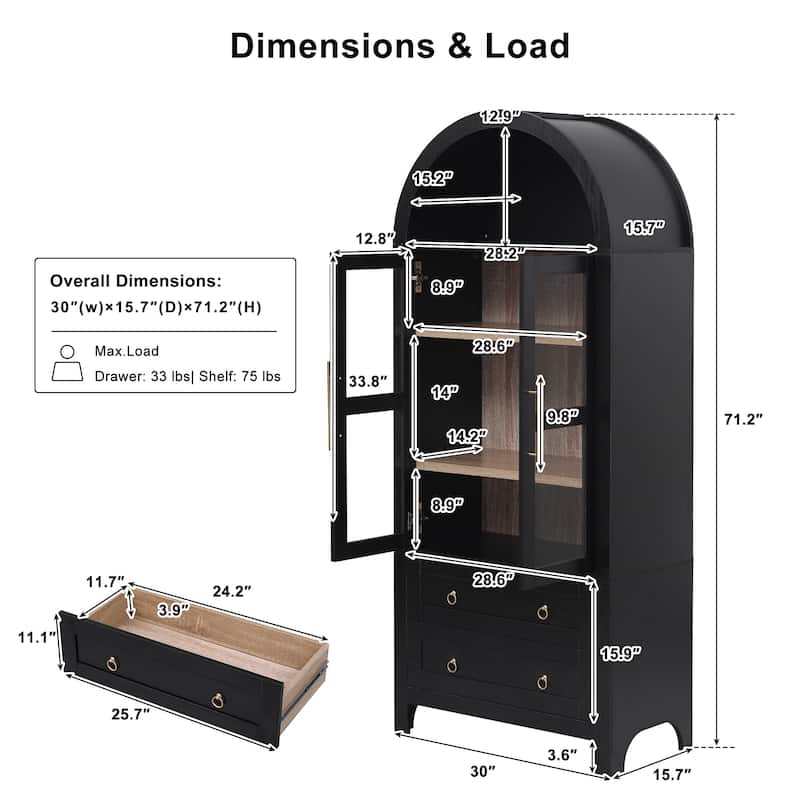 71" Tall Arched Kitchen Pantry Cabinet - 2 Large Drawers, Glass Door, Adjustable Shelves