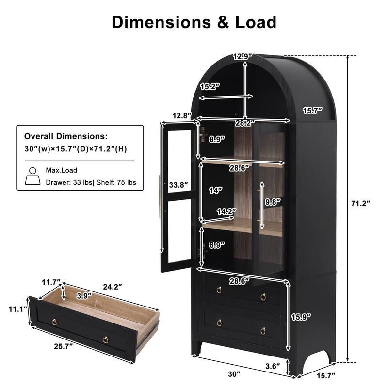 Anmytek 71" Arched Tall Pantry Cabinet, Glass Doors & 2 Drawers, Modern Farmhouse Storage Cupboard, Black
