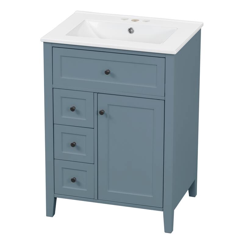 24" Gray Blue Bathroom Vanity with Sink, MDF & Rubberwood Construction, 3 Drawers & Cabinet with Adjustable Shelves