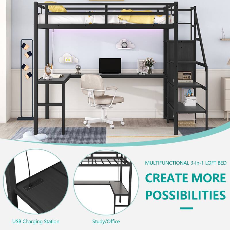 Full Size Metal Loft Bed with L-Shaped Desk, Wardrobe, USB Charging Station & LED Lights, Adjustable Stairs
