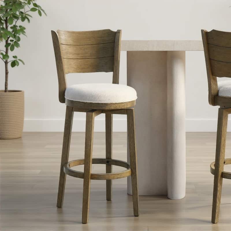 Winsley Coastal Modern Swivel Wood Counter Height Kitchen Bar Stool with White Boucle Fabric Upholstered Seat - Set of 3 - White/Putty Brown - Bar Height