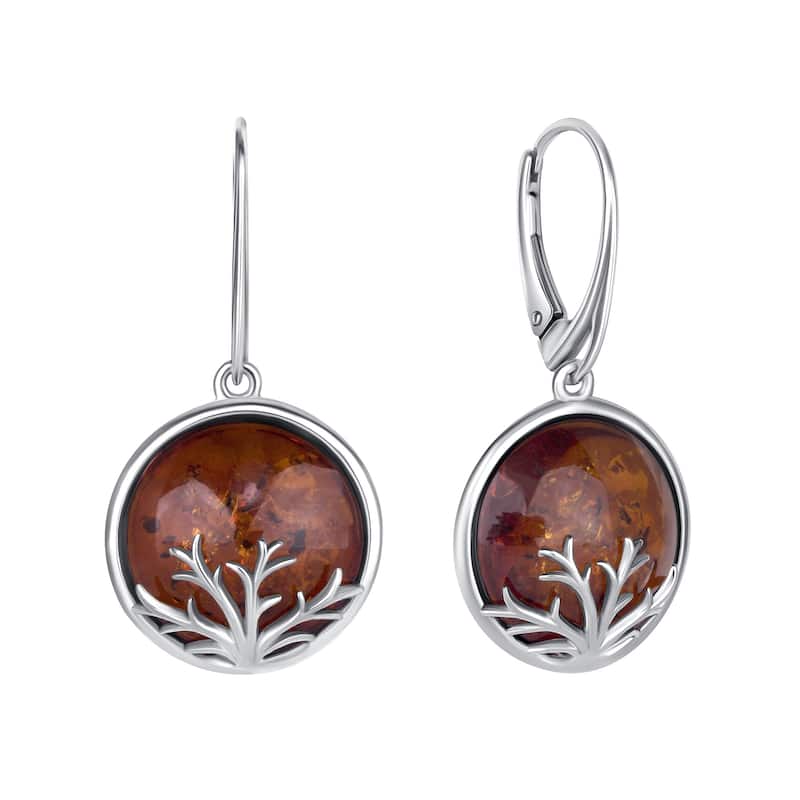 Baltic Amber Tree Earrings Fishhook in Sterling Silver