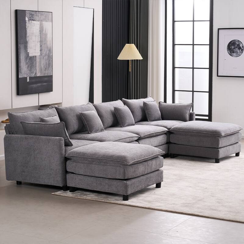 131.89" Chenille U-Shaped Sectional Sofa Bed with Sleeper & Iron Frame Support