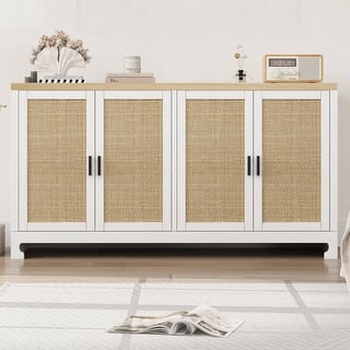 Rattan Buffet Storage Cabinet with 4 Doors and Shelf - N/A