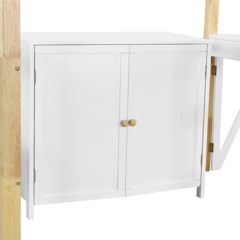 Wooden Loft Bed with Foldable Desk and Built-in Storage Cabinet, Wood Loft Bedframe with Full-Length Guardrails and Shelves
