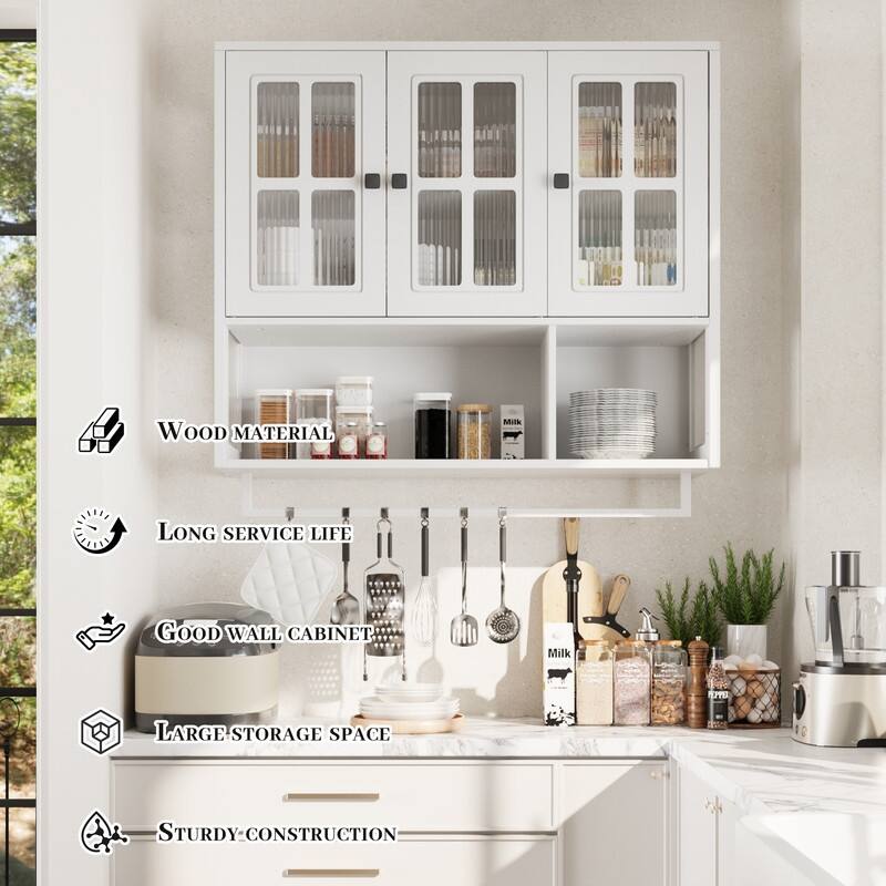 3-Door Wall Cabinet with Fluted Glass & Towel Bar, Modern Storage Solution