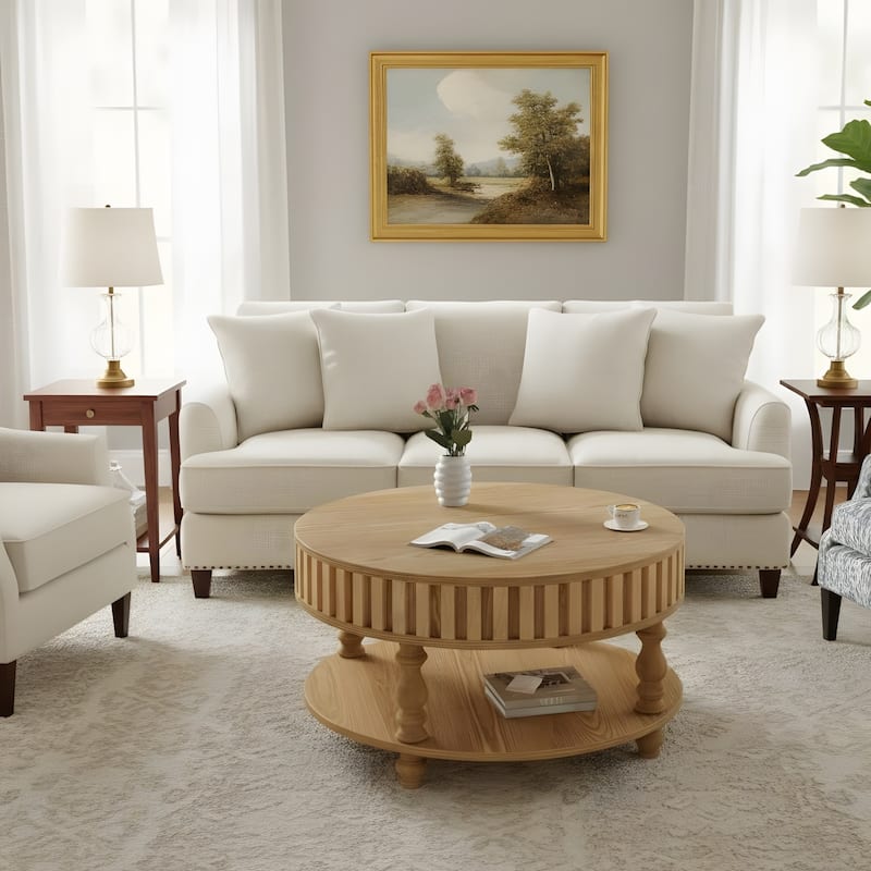 Farmhouse Fluted Coffee Table with Storage and Flip-Top Lids