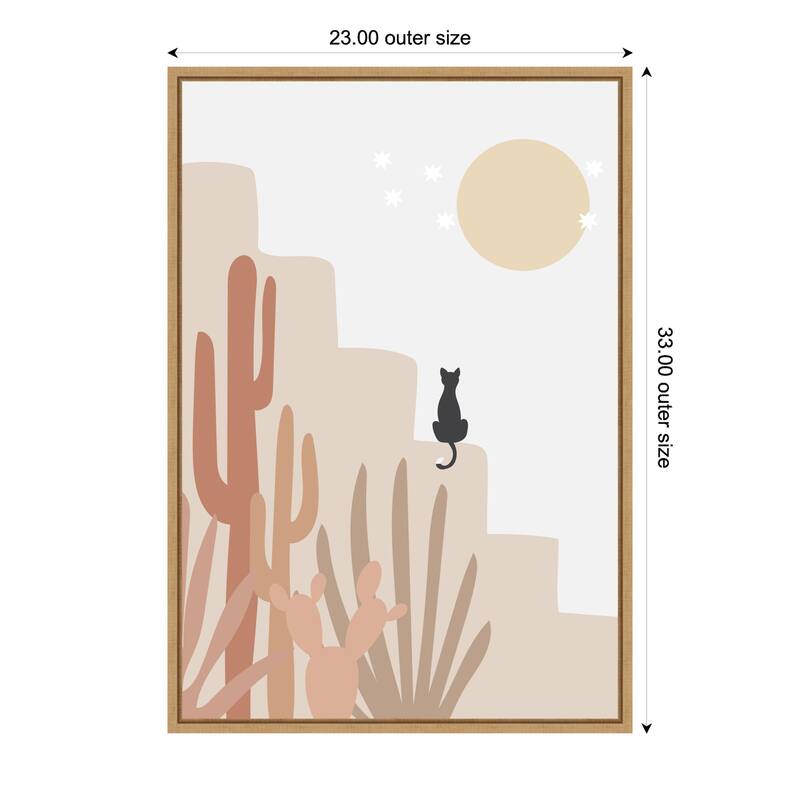 Cat with Cactus by Melloi Art Prints Framed Canvas Wall Art Print - Sylvie Natural - 23 x 33 in