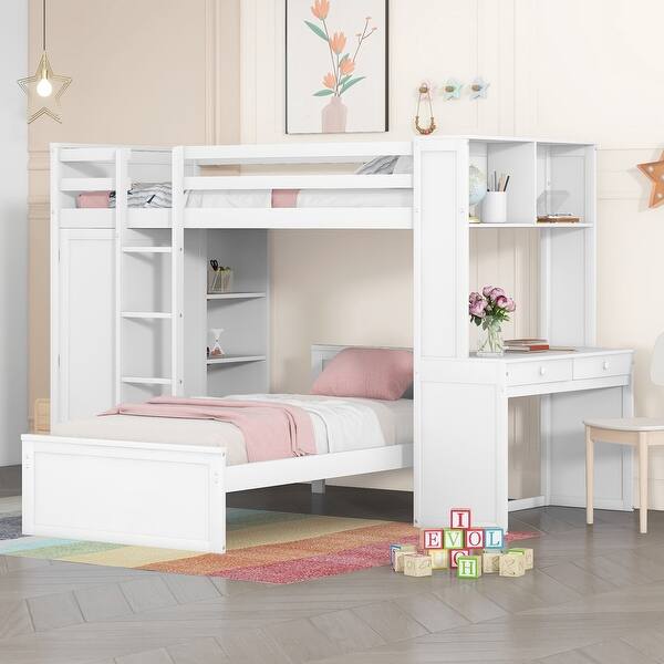 slide 2 of 33, Twin Size Loft Bunk Bed with Twin Stand-alone Bed, Shelves, Desk and Wardrobe White