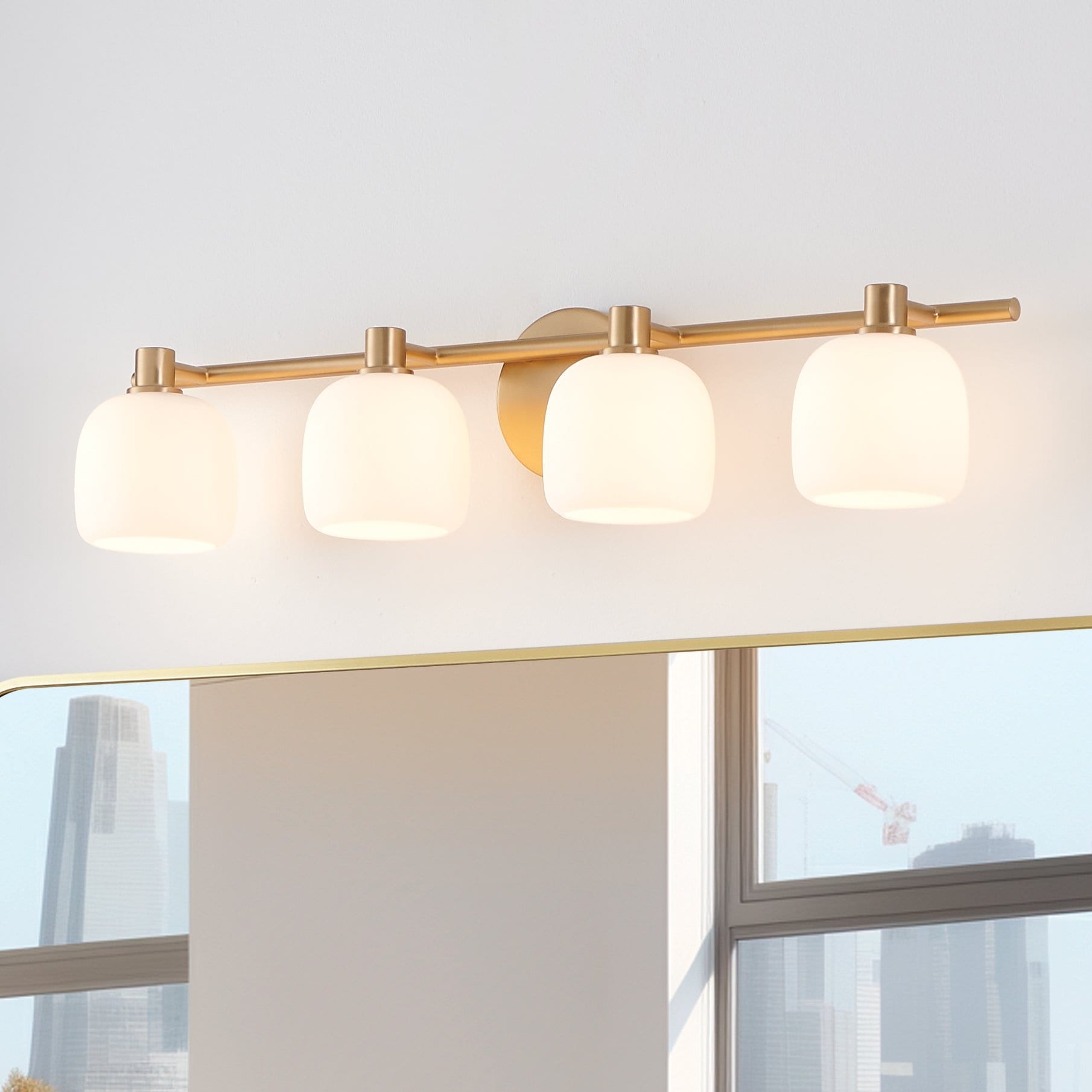 Thesis Valentina 30-inch 4-light Champagne Gold Vanity Light with Etched Opal Glass Shades