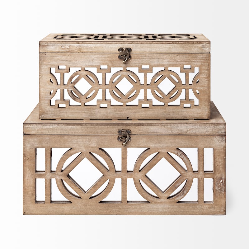 Estooki Set of Two Whitewashed Wood Mirrored Boxes - 7"H x 15.34"W x 9.38"D & 6.13"H x 13.34"W x 7.25"D