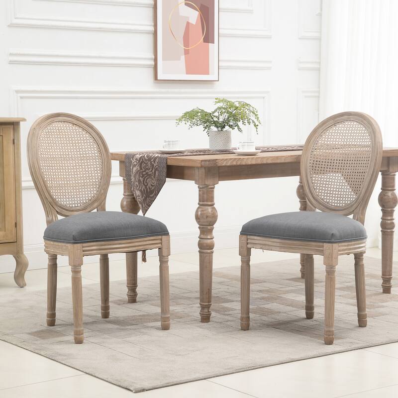 Solid Wood 2 Piece Kitchen Dining Chair Set with Rattan Backrest, Linen Upholstery for Dining Room Kitchen Living Room Bedroom