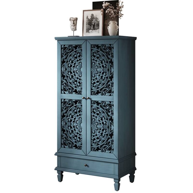 Rustic 55" Tall Storage Cabinet with Drawer, Decorative Carved Wood Accent for Living Room or Dining Area