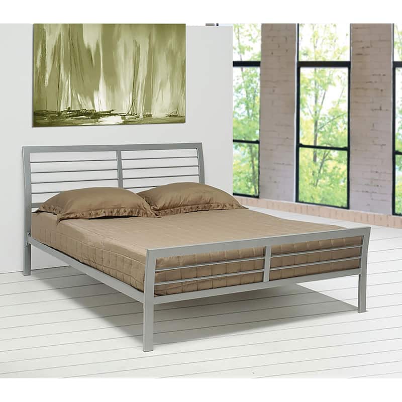 Full Size Metal Platform Bed with High Headboard and Low Footboard - Silver