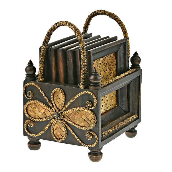 Handmade Stylish Hand Carved Square Rain Tree Wood And Rattan 6 Piece Coaster Set Thailand Brown Overstock 31925587