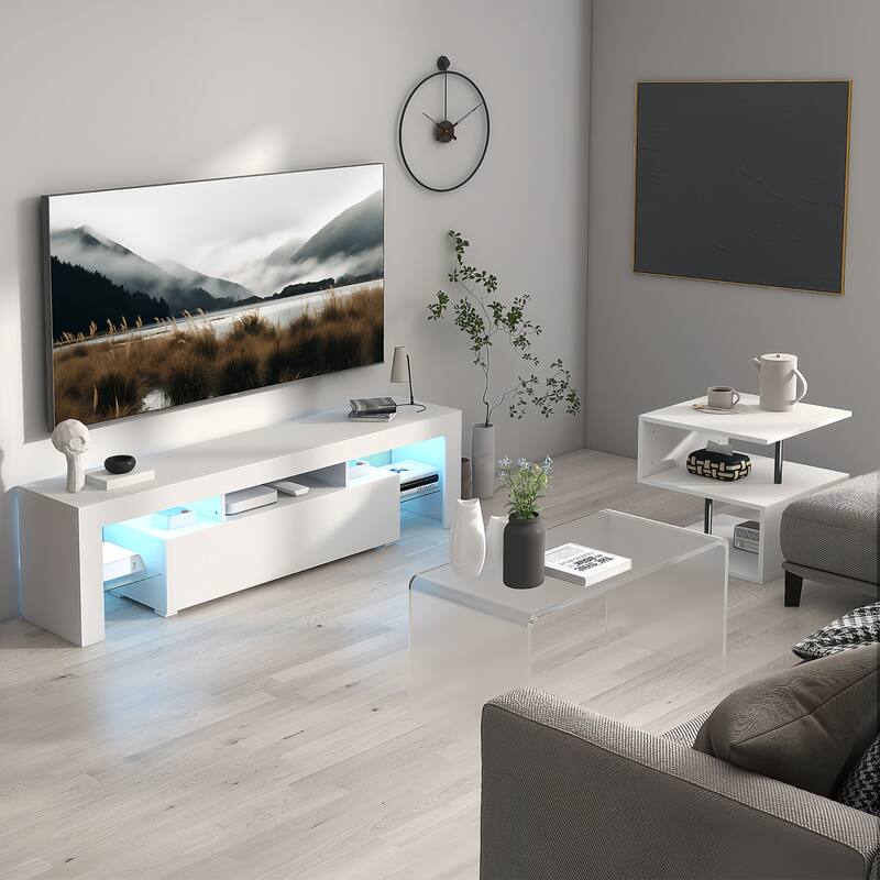 51" TV Stand with Flip Door, Glass Shelf & Glossy Finish for TVs Up to 55" - White