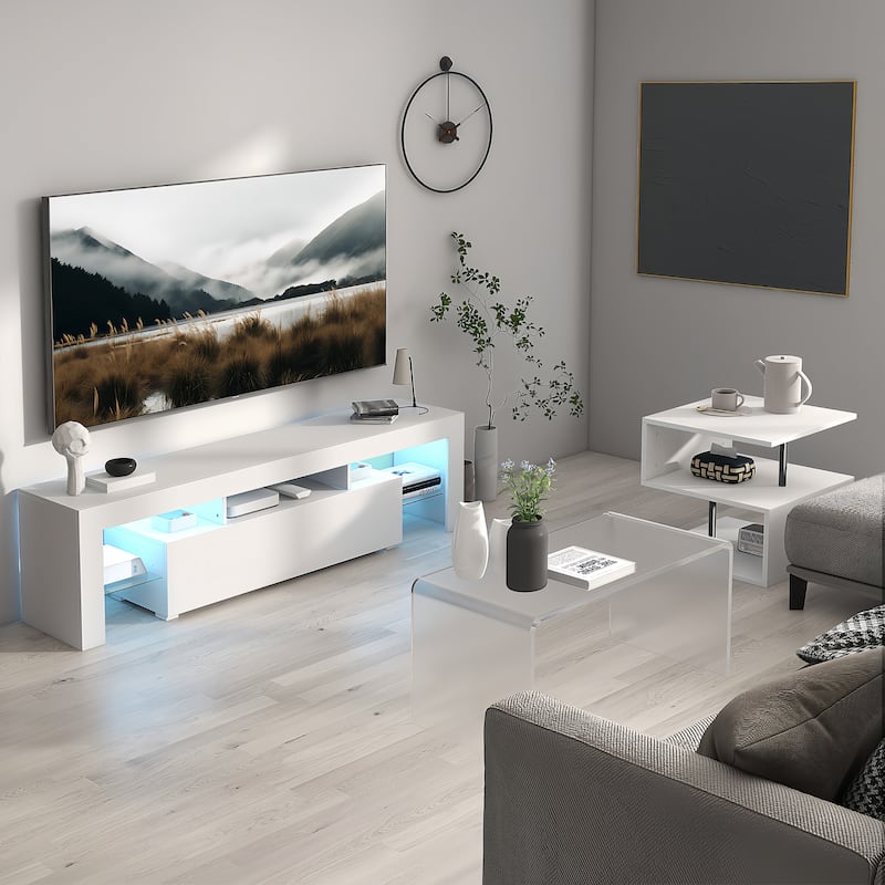 White 51.18" TV Stand with Down Filp Door, Glass Shelf and High Glossy Finish for TVs Up to 55" - White