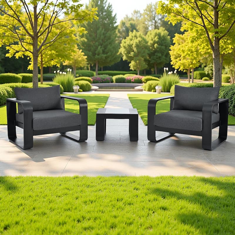 3-Piece Outdoor Aluminium Chair Set with Coffee Table and Thick Cushion - Black+ Gray