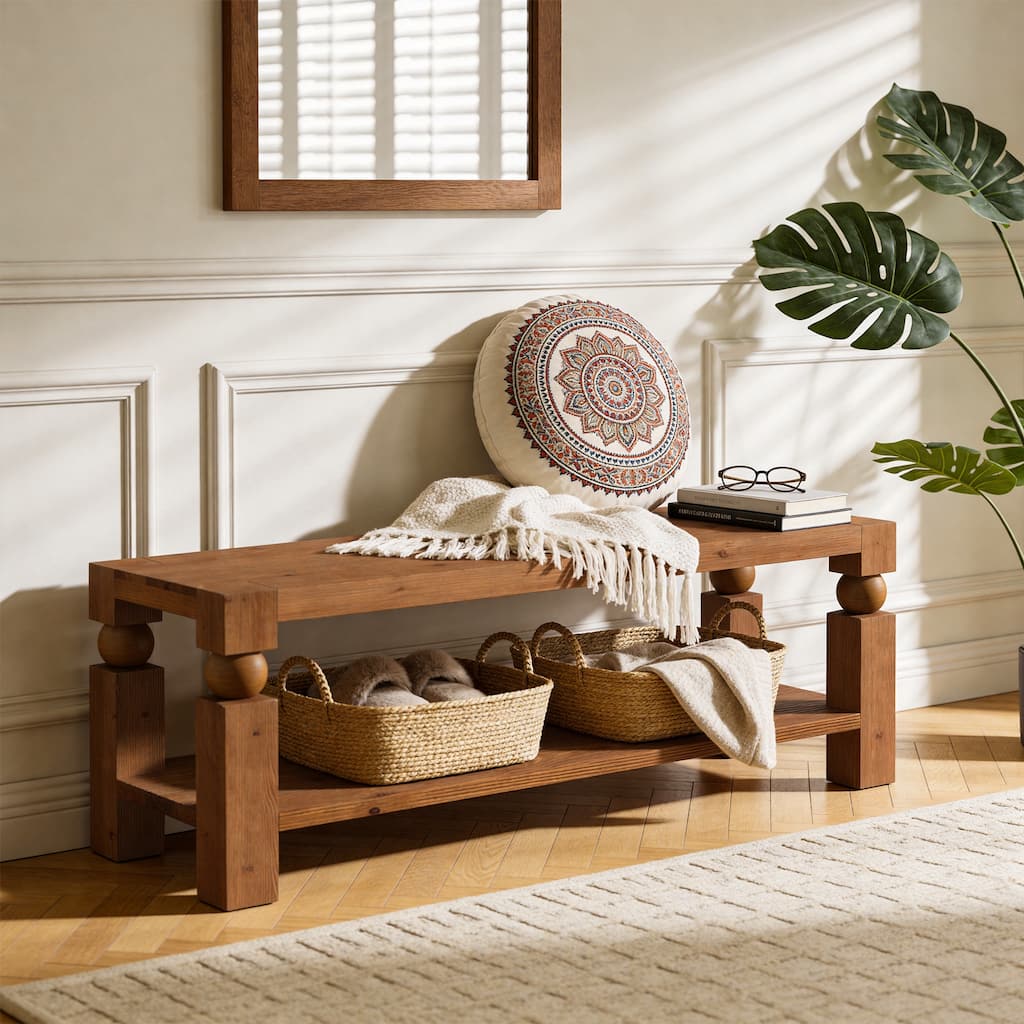 47 Inch Solid Wood Storage Bench for Entryway, Bedroom, Living Room, Hallway - 47.24" W x 13.77" D x 17.71" H