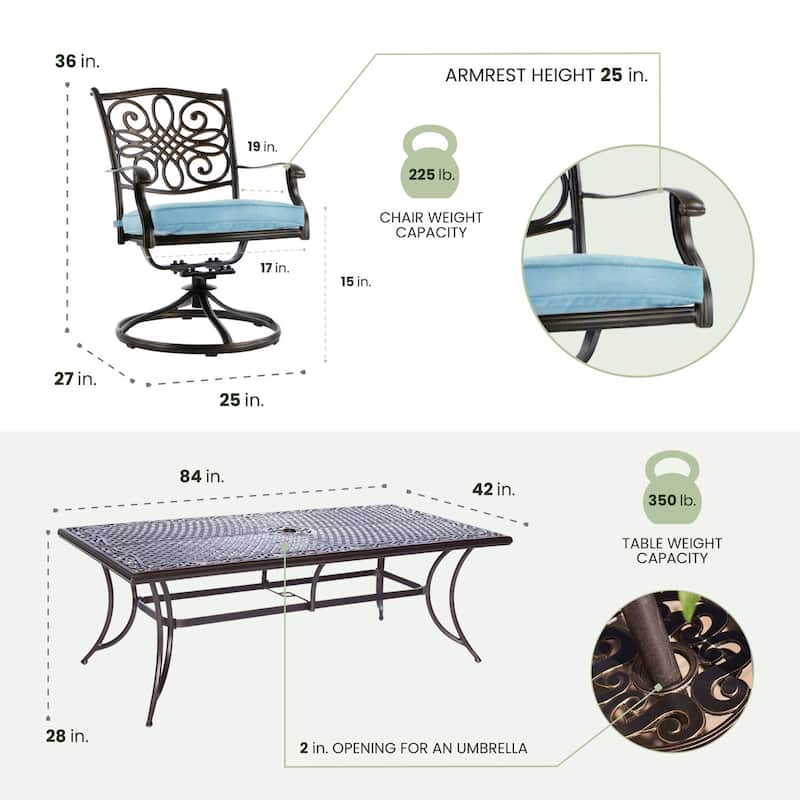 Hanover Outdoor Traditions 9-Piece Dining Set with Eight Swivel Dining Chairs and a Large 84 x 42 in. Dining Table
