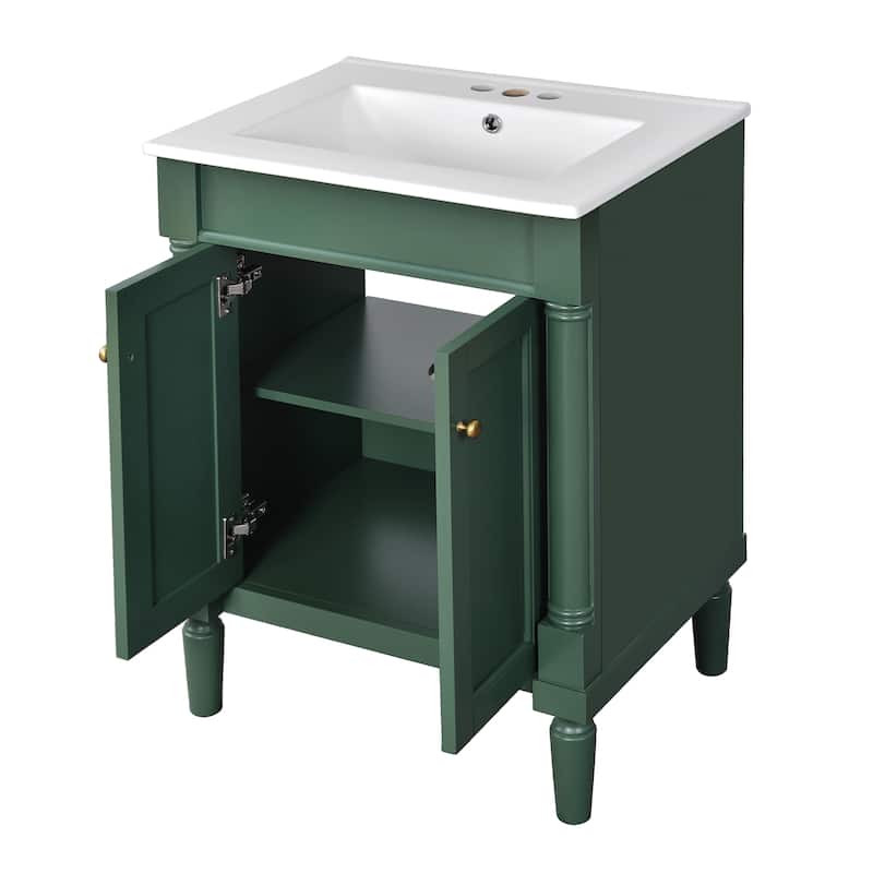 24'' Solid Wood+MDF Bathroom Vanity with Top Sink and Large Storage Shelves - 24" x 18"