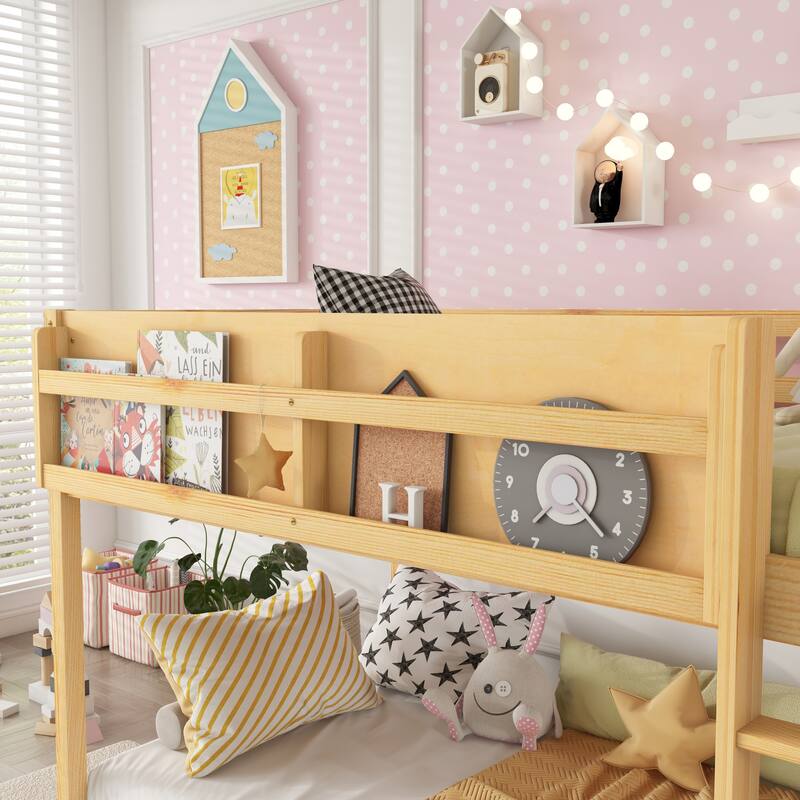 Roomfitters Twin Over Twin Bunk Bed, Low Floor Loft Platform Bed and Shelf with Wooden Frame for Bedroom