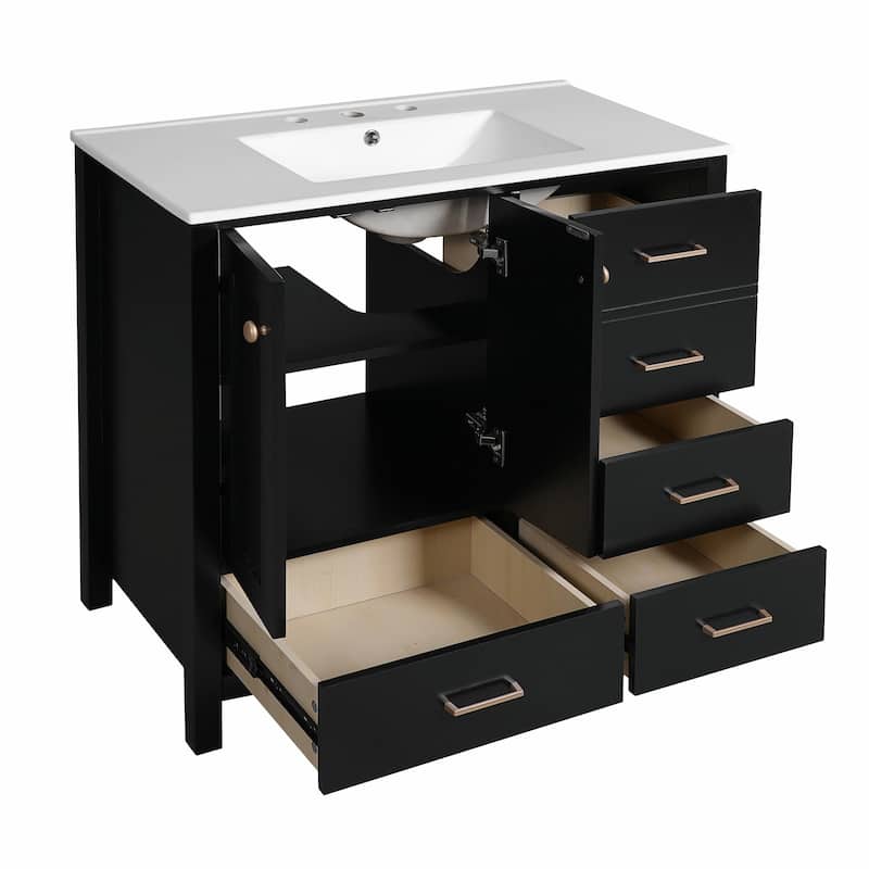 36'' Bathroom Vanity with Ceramic Sink Combo, Solid Wood Frame Bathroom Storage Cabinet