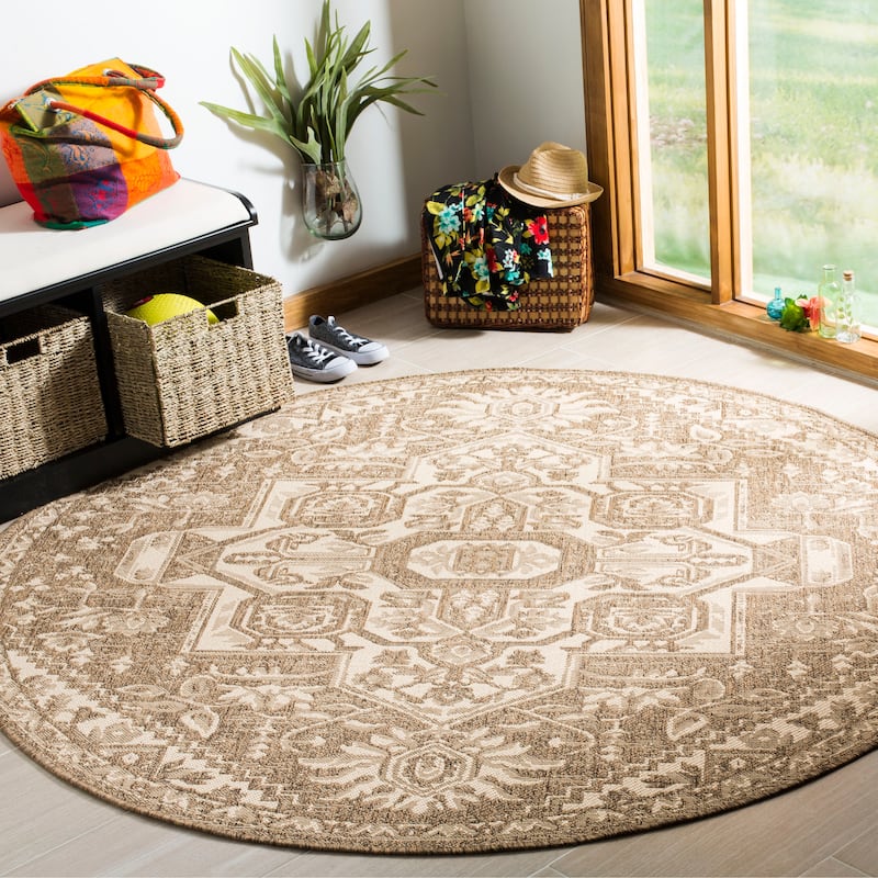 SAFAVIEH Linden Ludmyla Indoor/ Outdoor Waterproof Patio Backyard Rug - 4' Round - Cream/Beige