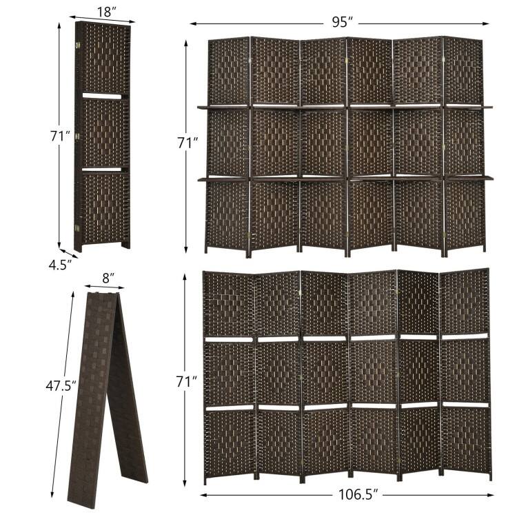 6 Panel Folding Weave Fiber Multipurpose Room Divider with 2 Display Shelves - 95" x 71" (L x H)