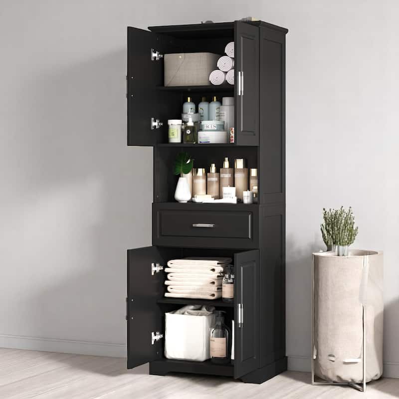 Tall Bathroom Storage Cabinet with 4 Doors, Adjustable Shelves & Open Shelf, Freestanding Organizer