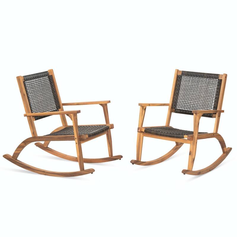 Outdoor Rocking Chair Set - 2 Acacia Wood Rockers with Wicker Rattan Seat & Backrest