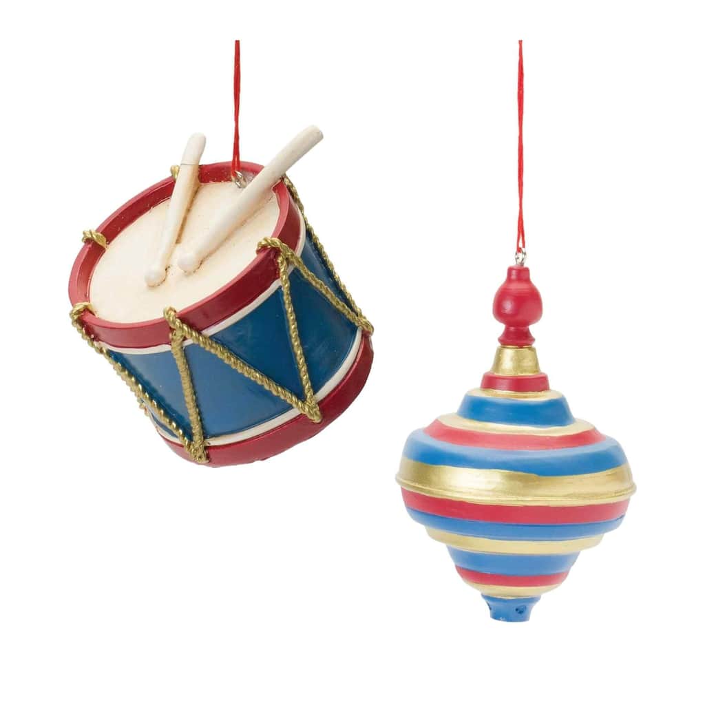 Club 12 Red Blue Toy Drum Top Spinner Christmas Ornaments 3.75"
