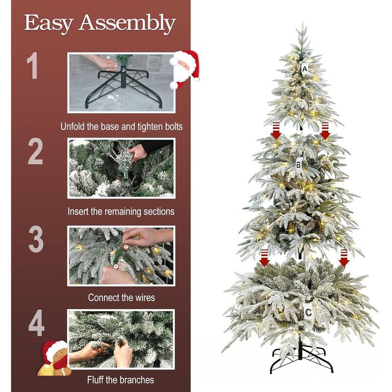 7ft Slim Flocked Christmas Tree Pre-lit w/767 Premium PE&PVC Tips, 250Warm White LED Lights, Skinny Noble Artificial Tree