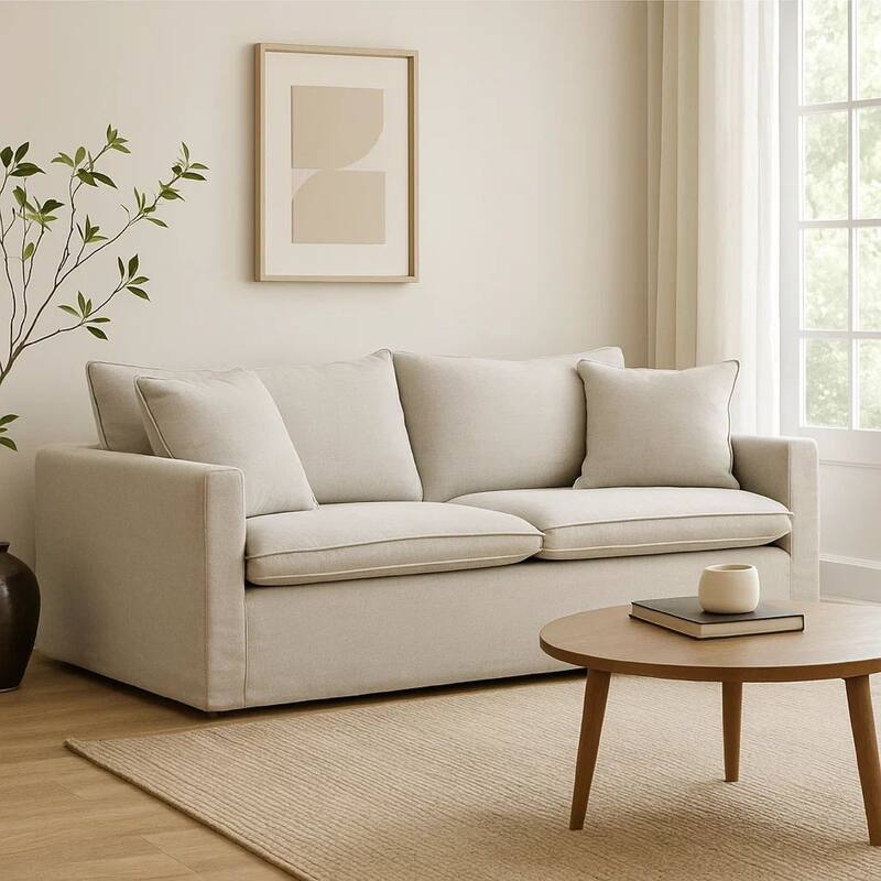Rutu Sofa, 2 Accent Pillows, Light Gray Padded Linen, 84 Inch